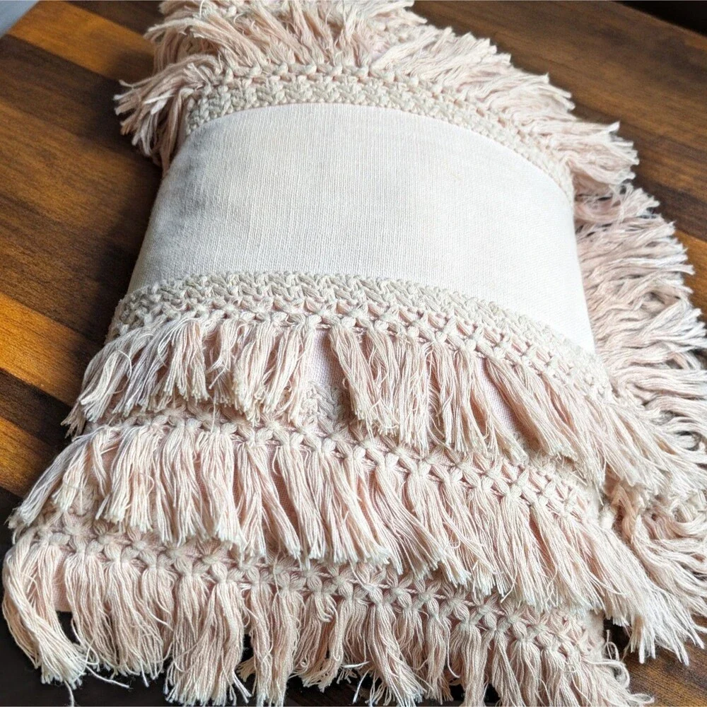 Macrame Fringe Blush Pink Decorative Oblong Throw Pillow 10x18
